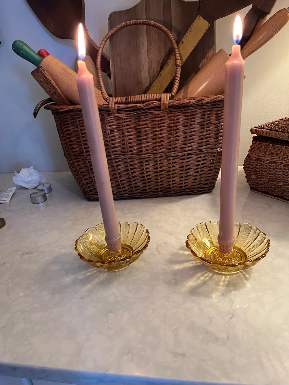 Vintage  Amber glass Taper  floral Candle Holders